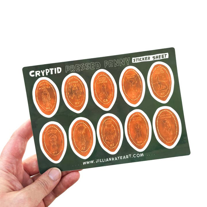 Jillian Kaye Art - Wholesale Sticker - Pressed Penny U.S. Cryptids | 5x7 Sticker Sheet