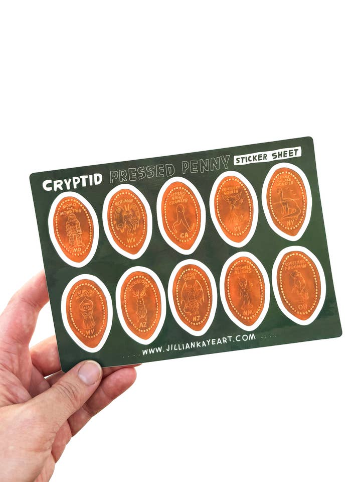 Pressed Penny U.S. Cryptids | 5x7 Sticker Sheet for wholesale by Jillian Kaye Art
