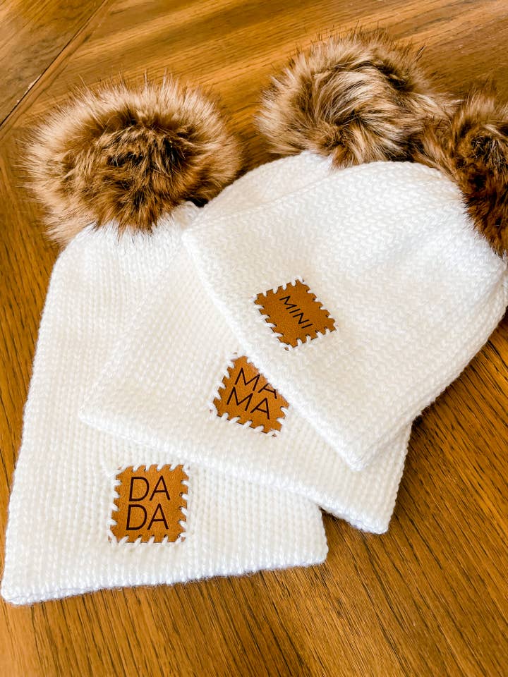 White Mama, Dada,& Mini Beanies, Matching Family Beanie Sets for wholesale by The Cozy Life Co