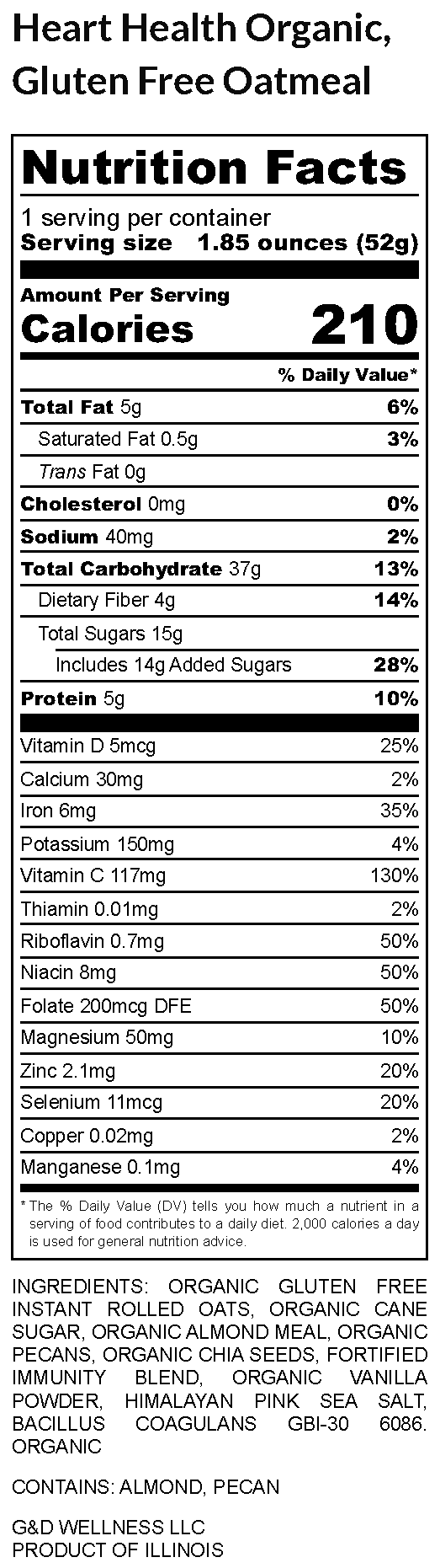 Gabriel & Daniel Wellness Oatmeals - Vendita all'ingrosso Avena - Fiocchi d'avena istantanei biologici con noci pecan e mandorle - confezione da 125