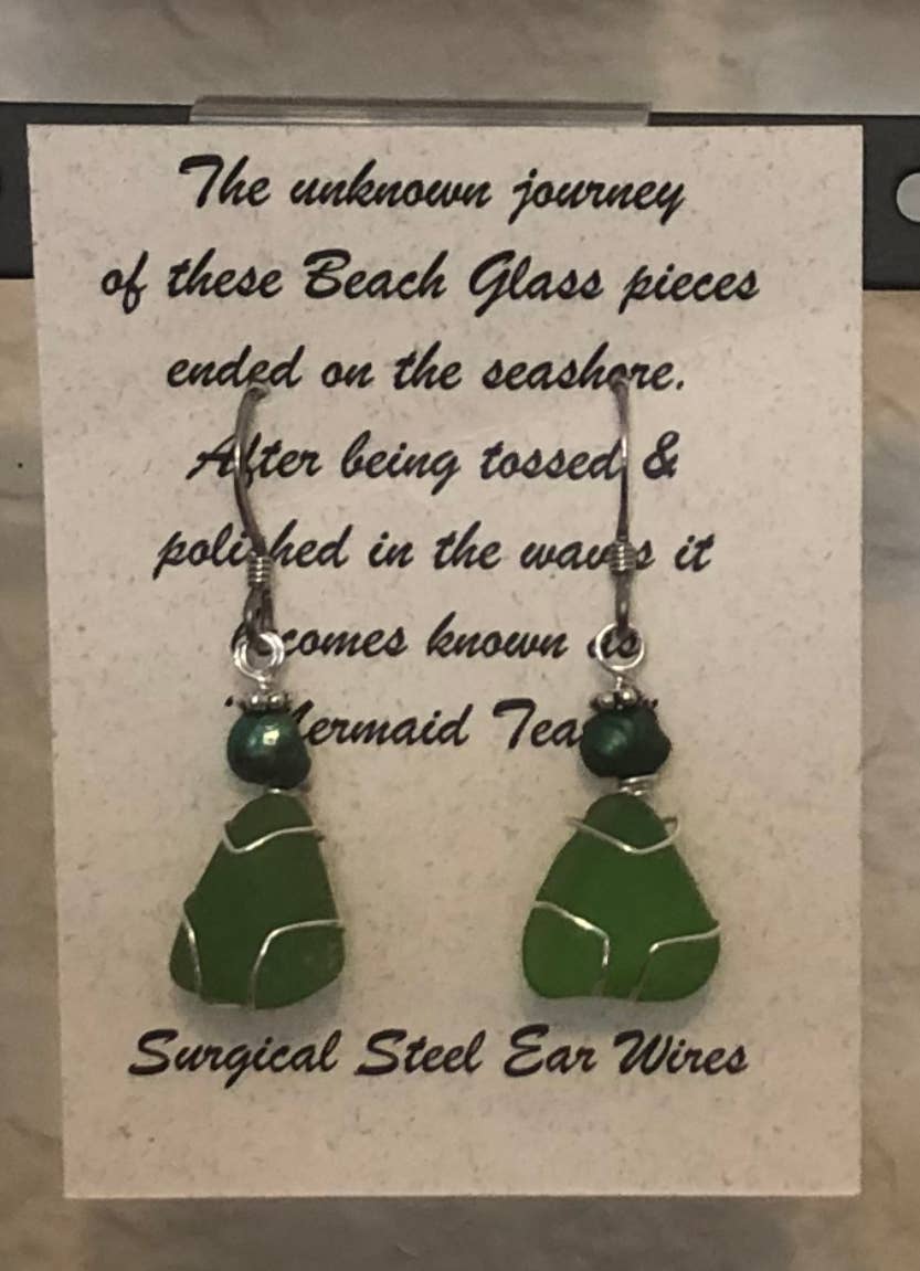 Essence of Fire & Sea - Wholesale Dangle Earrings - Beach Glass / Sea Glass Wire Wrapped with Pearl Earrings1