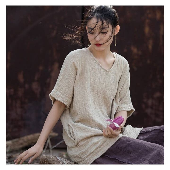 UZ Wholesale Store - Wholesale Tunic - Women's - Solid Color Double-Layer Bamboo Joint Literary All-Match T-Shirt