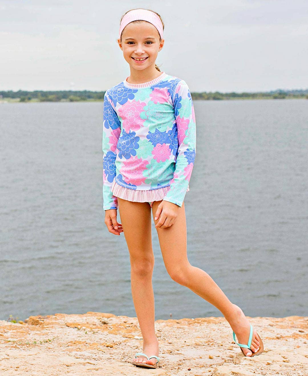 RuffleButts + RuggedButts - Wholesale Rashguard - Kids - Girls Pastel Petals Long Sleeve Rash Guard 2-Piece Swimsuit with Signature Rear Ruffles2