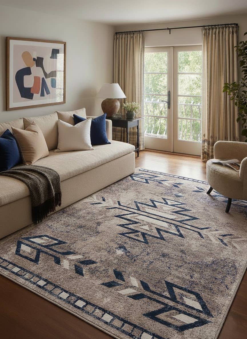 Contemporary South-Western Blue Beige Indoor Area/Runner Rug for wholesale on Faire9