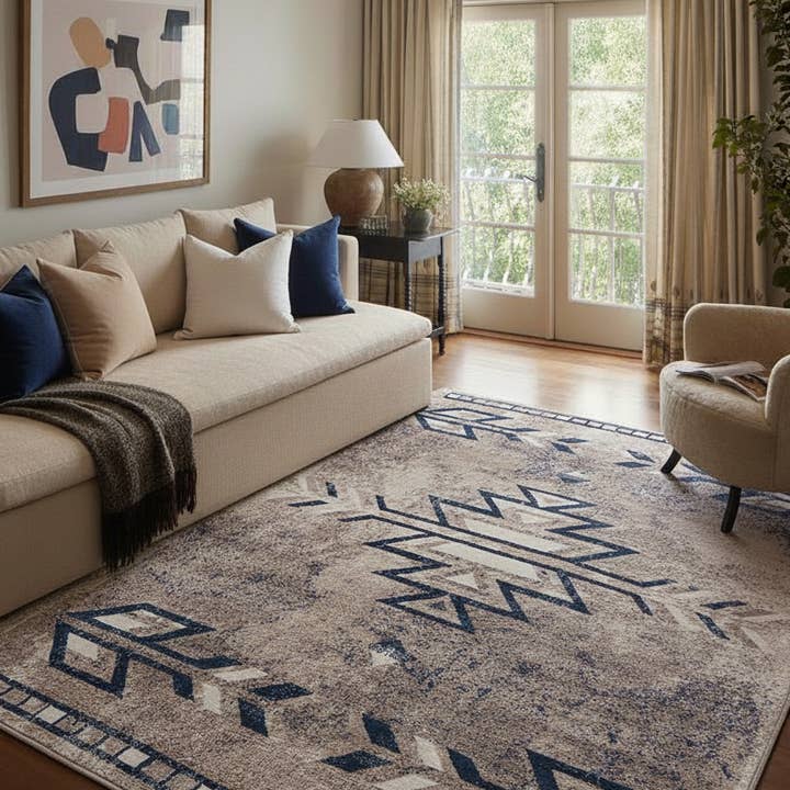 Contemporary South-Western Blue Beige Indoor Area/Runner Rug for wholesale on Faire9