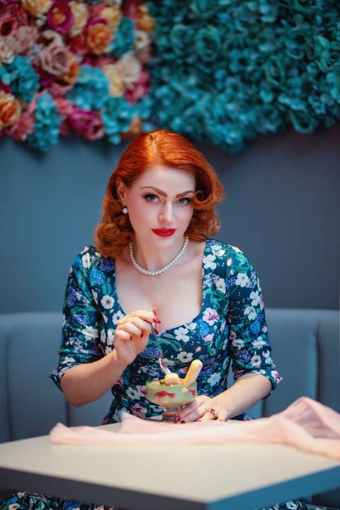 Scarlette Navy Blue and Hydrangea Midi Dress for wholesale by Dolly & Dotty