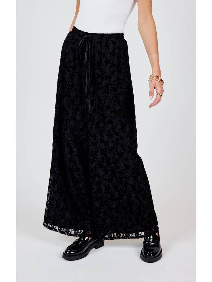 Sadie & Sage - Wholesale Pants - Women's - At Dusk Velvet Lace Wide Leg Pants: BLACK