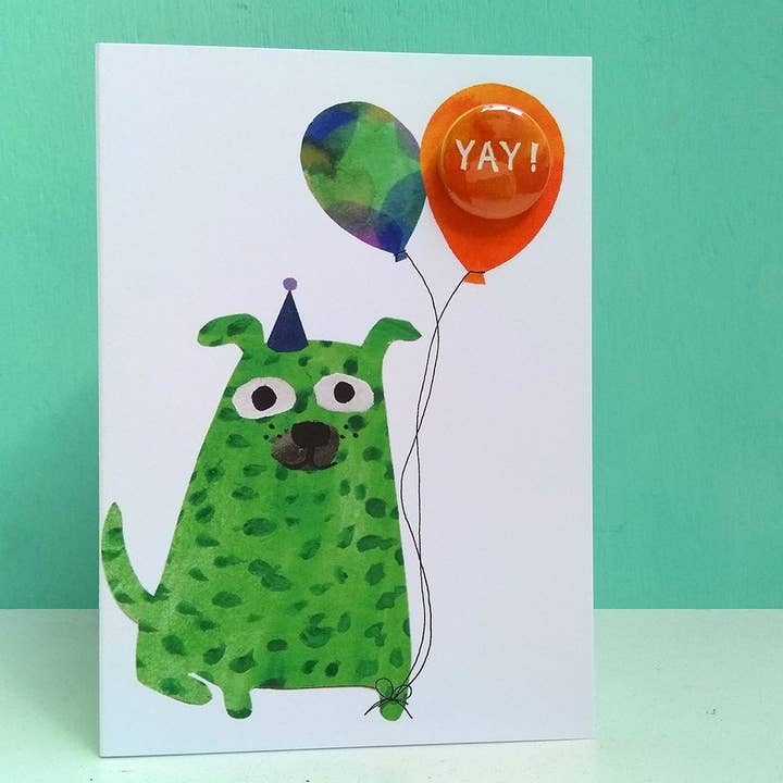 Greeting card with badge - Balloon Dog Yay! for wholesale by The Black Rabbit