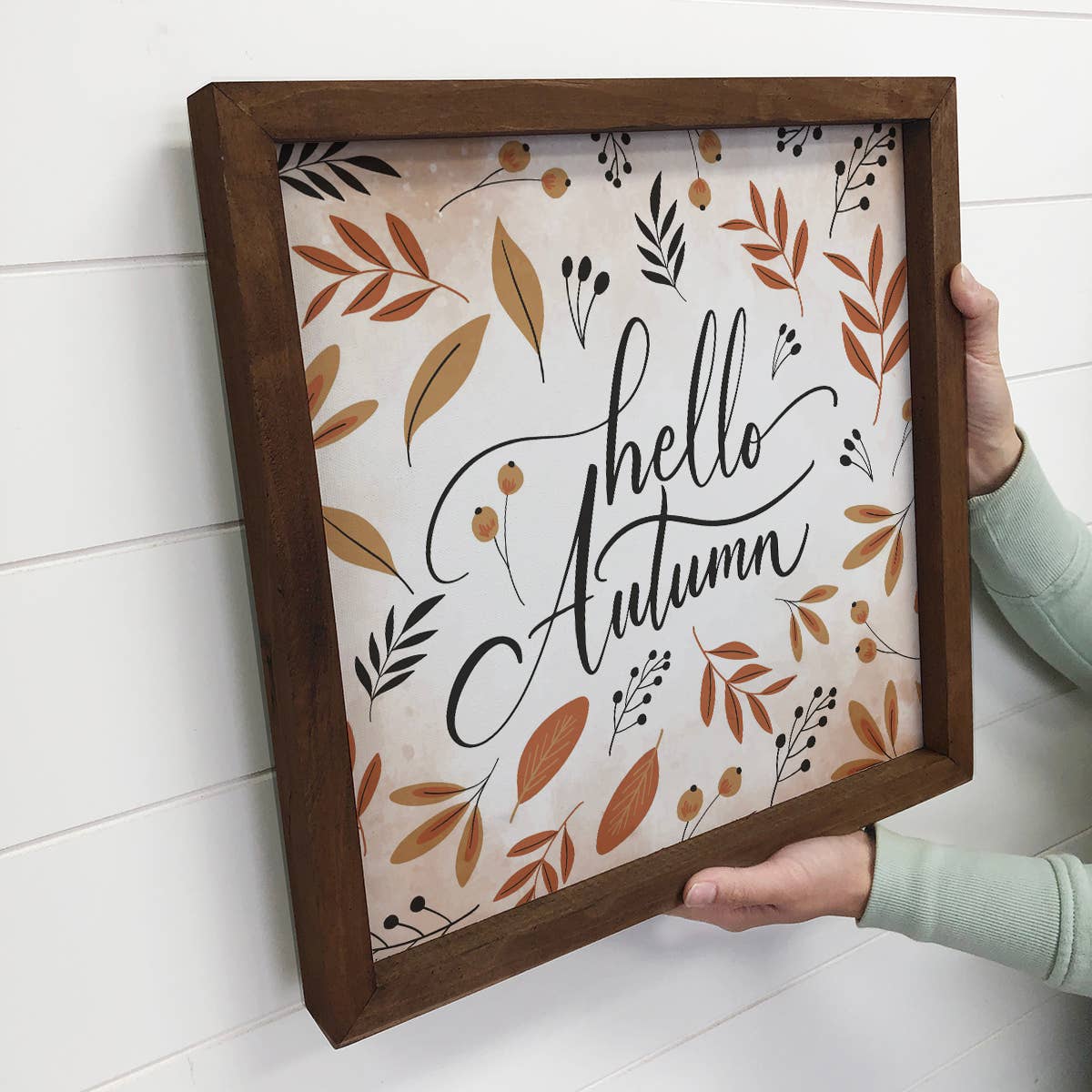 Hangout Home - Wholesale Sign - Hello Autumn Small Wood Sign with Walnut Frame2