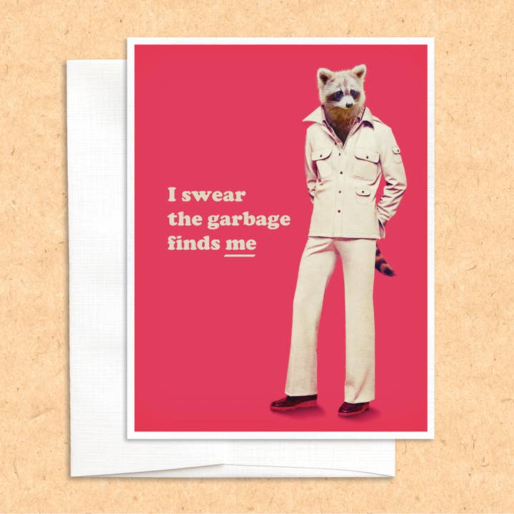 Raccoon Garbage funny animal greeting card for wholesale by Colossal Sanders