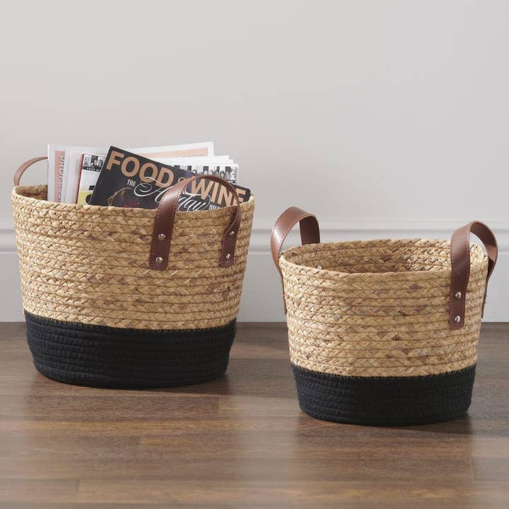 New Signature Homestyles - Wholesale Basket - Natural Hyacinth and Black Cord 2-pc Basket Set with Handles