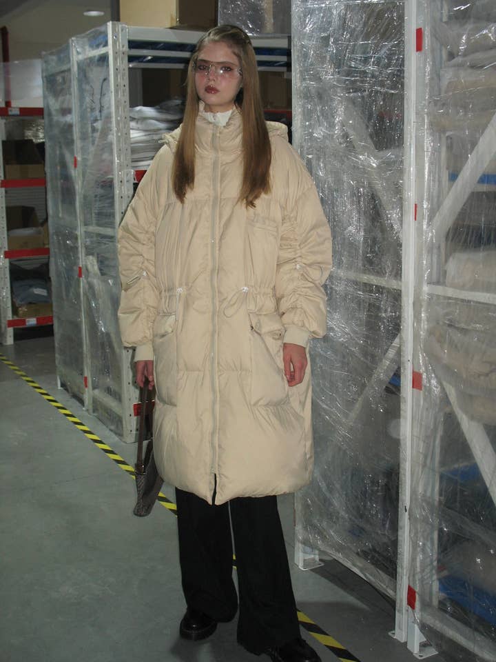 Beige Hooded Long Down Jacket for wholesale by Prod Bldg