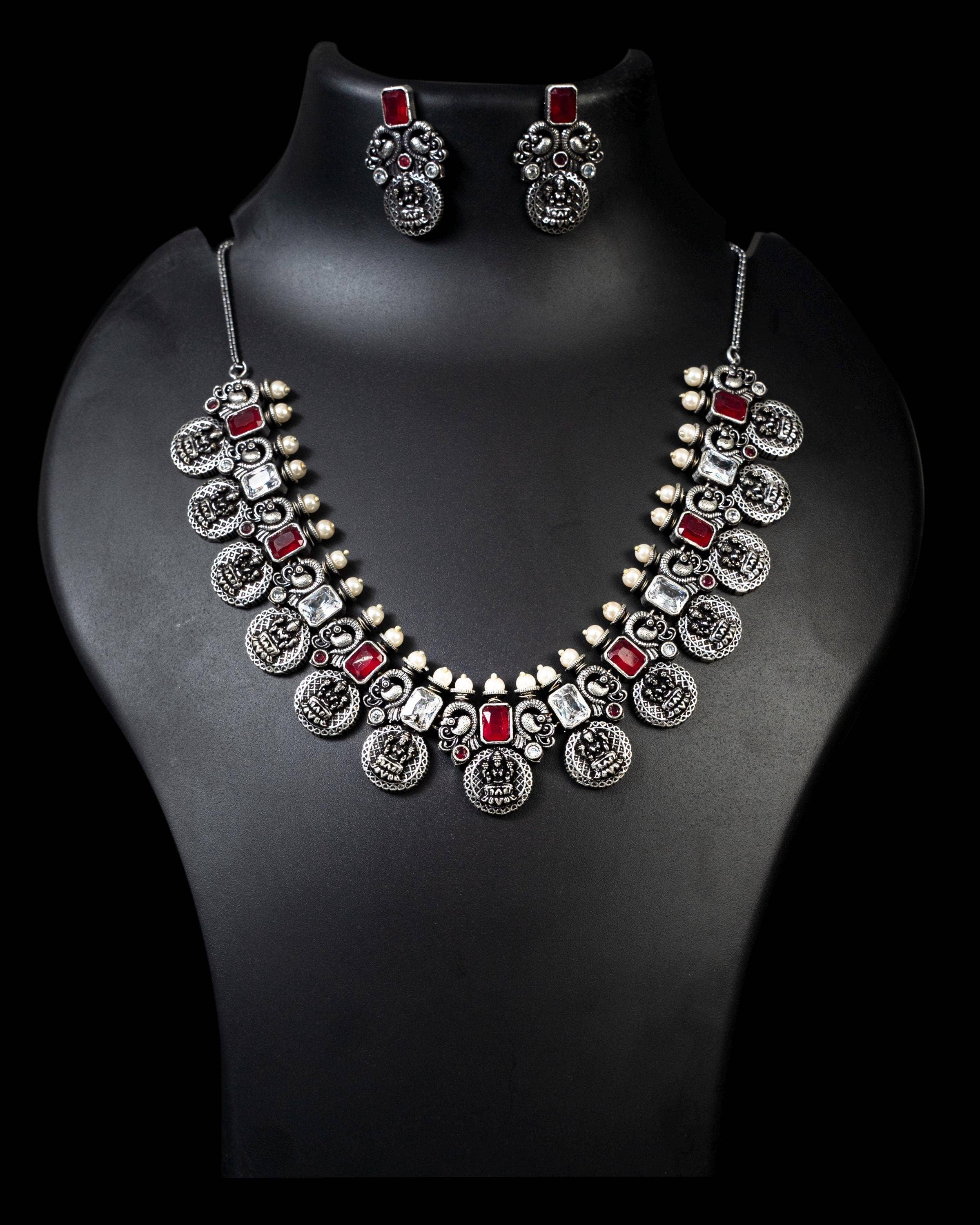 Vastrabhushan – wholesale Jewellery set – Indian Oxidised Stone Necklace Set Silver Plated Handmade6