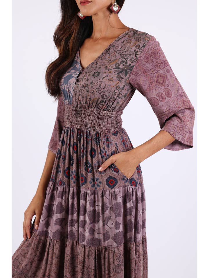 Sacred Threads - Wholesale Dress - Women's - Fall Tiered Boho Dress: Vintage Mosaic Patchwork XXL1