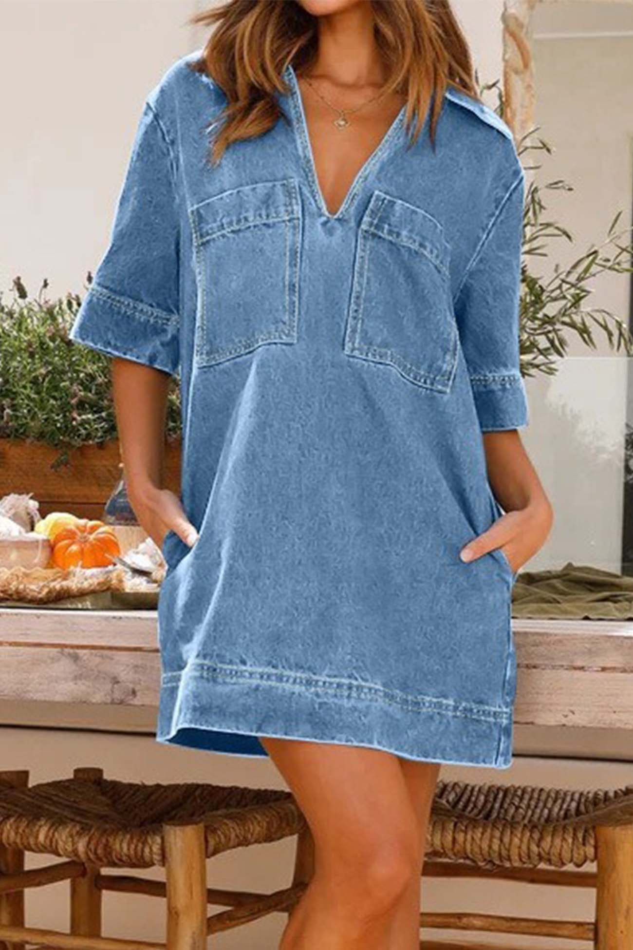 VividLux - Wholesale Dress - Women's - Denim Lapel V Neck Mini Dress0