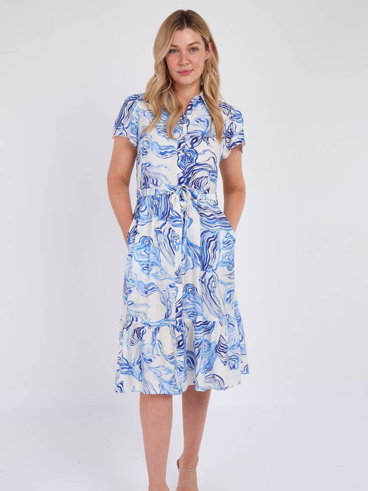 Blå hvirvelprintet midikjole med flæsekant for engroshandel hos Love Sunshine Wholesale