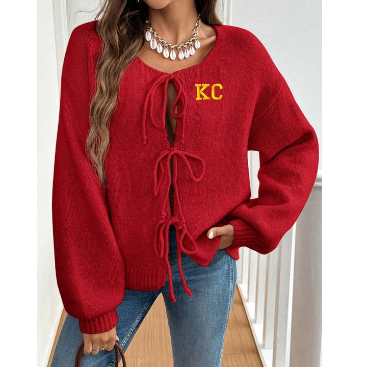 KC Red Tie Sweater Cardigan, Kansas City Apparel for wholesale by Elby Designs Apparel