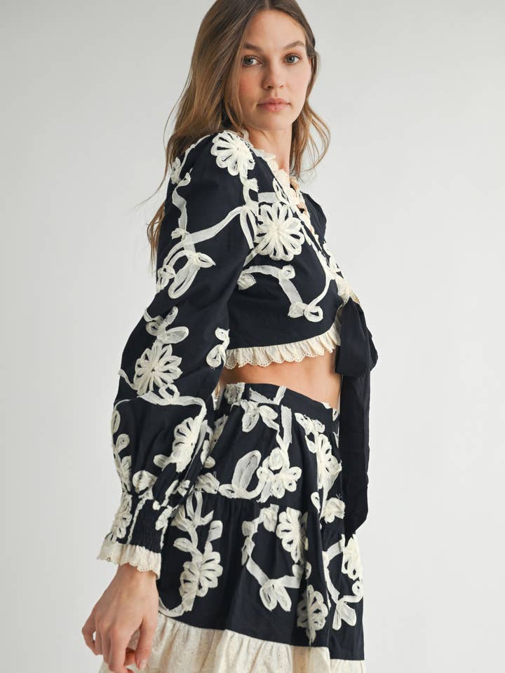 NLST0065 Black and White Floral Embroidered Two-Piece Set for wholesale by Endless Blu