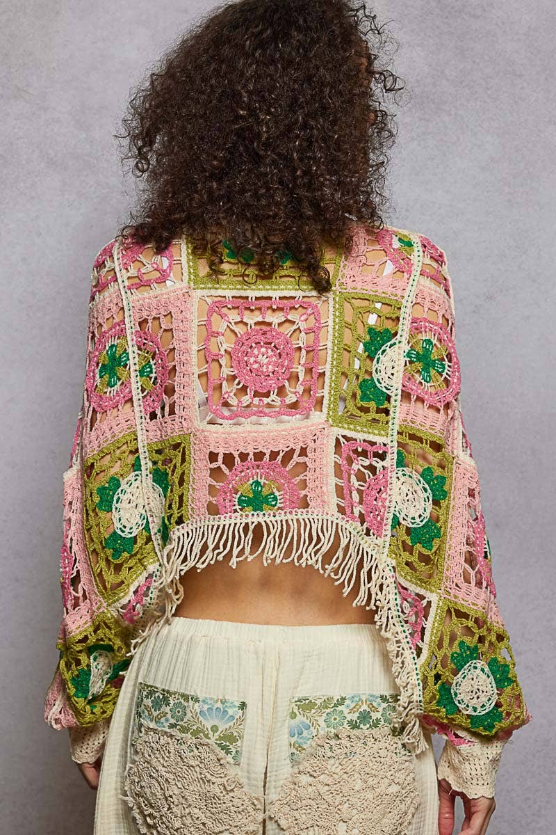 ROSE MULTI Haut court ajusté en crochet à manches longues et col rond en vente sur Faire3