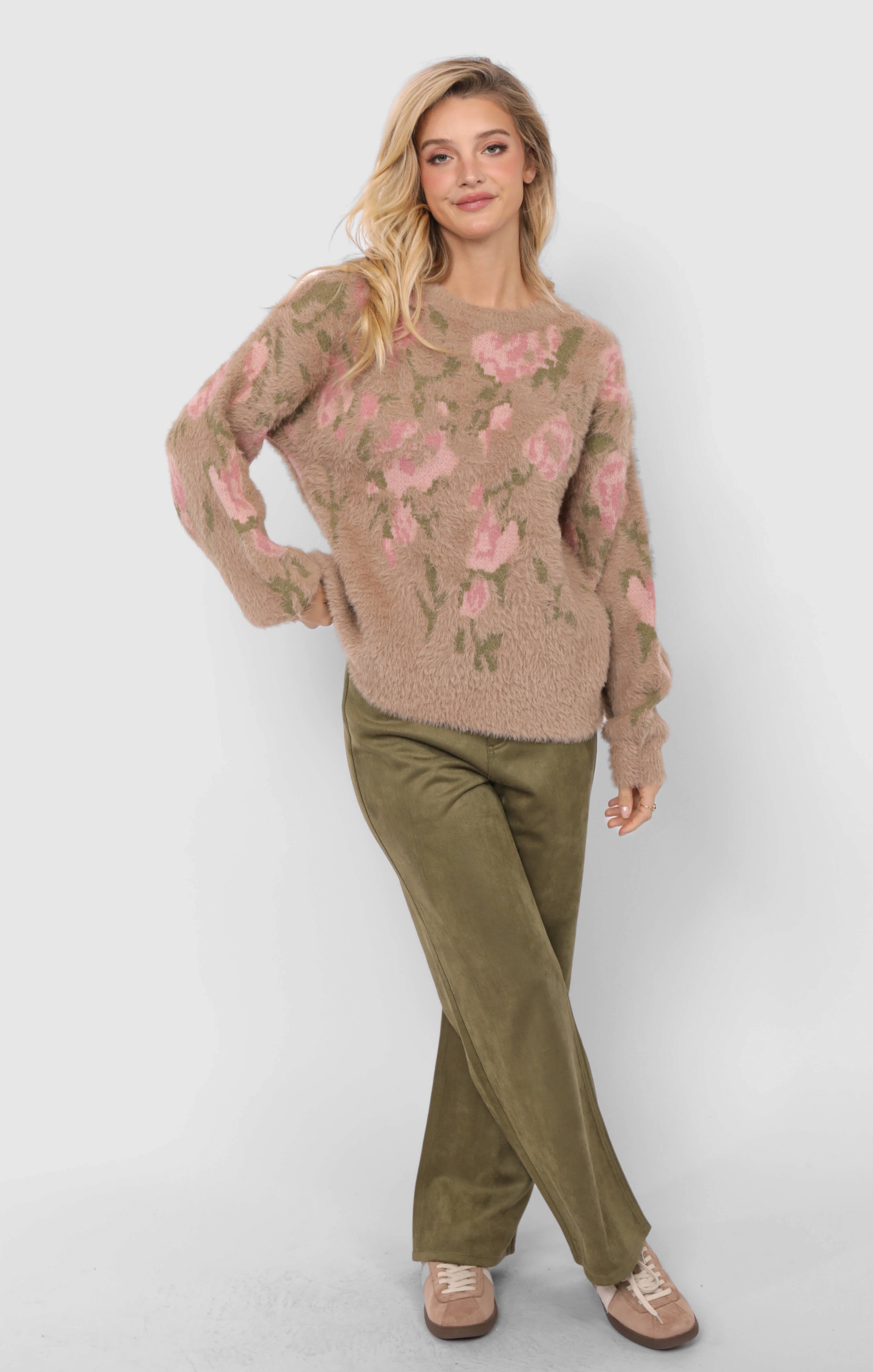 Sadie & Sage - Wholesale Knitted jumper – Women′s - Camila Eyelash Yarn Jacquard Pullover Sweater : TAUPE MULTI19