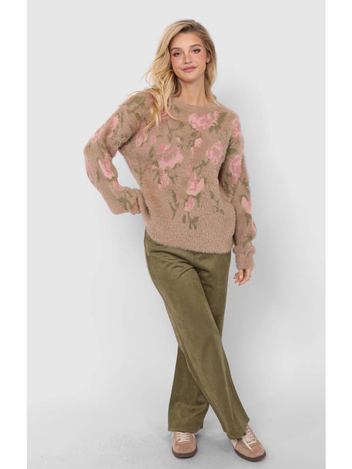 Sadie & Sage - Wholesale Knitted jumper – Women′s - Camila Eyelash Yarn Jacquard Pullover Sweater : TAUPE MULTI19