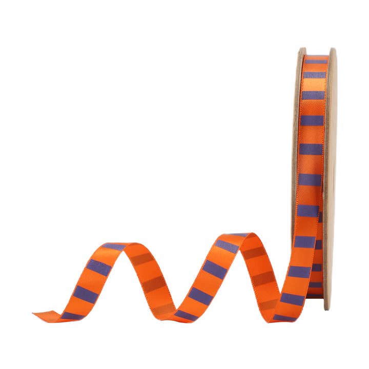 3/8" Enkelt Sidet Printet Satinbånd | "Krydsstribe" Sort/Orange | 20 Yard Rulle for engroshandel hos LA Ribbons Wholesale