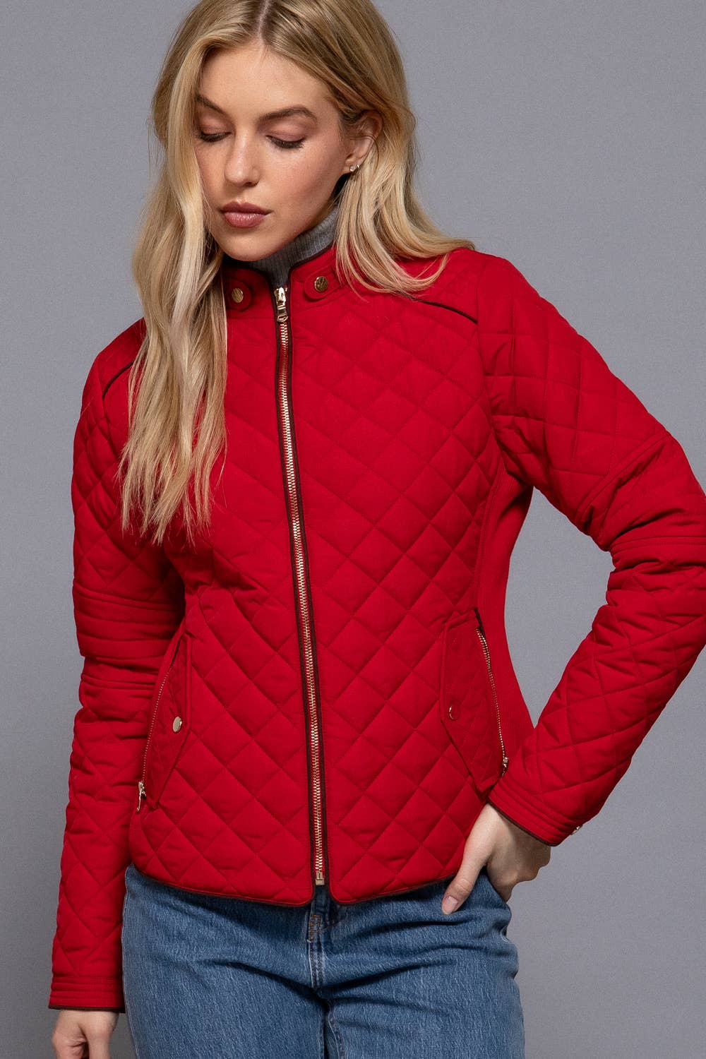 Active Basic | Active USA - Wholesale Puffer Jacket - Women's - Suede Piping Detail Rib Quilted Padding Jacket