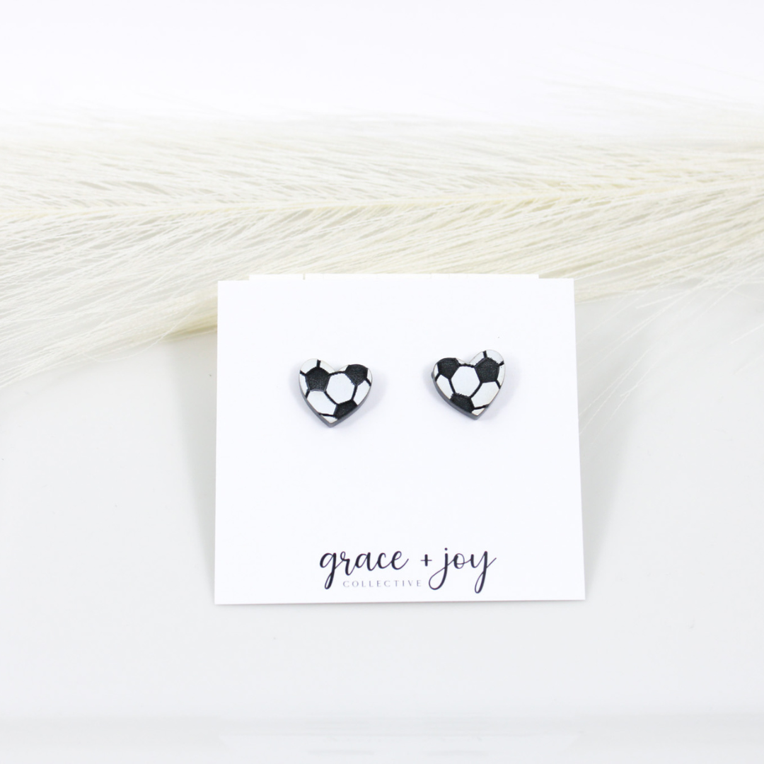 Grace + Joy Collective - Wholesale Stud/post earrings - Soccer Ball Heart Stud Earring, Acrylic Earrings  0