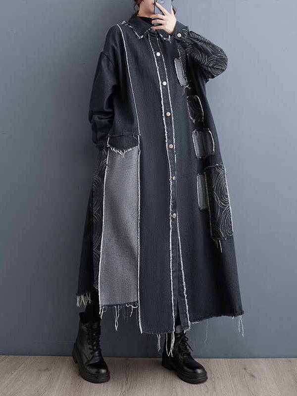 UZ Wholesale Store – wholesale Trenchcoat - Dam – Asymmetrisk knäppt lång trenchcoat med fransar och delade sömmar, lös passform2