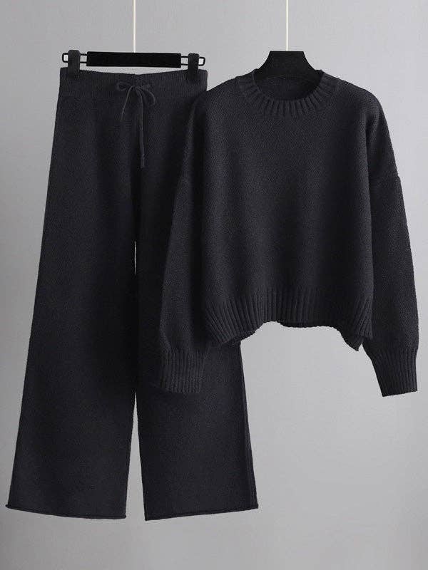 Plush Looks - Wholesale Top & Pant Set (NOT Loungewear) - Women's - Stylish Loose High-Low Long Sleeve Sweater + Wide Leg Pants1