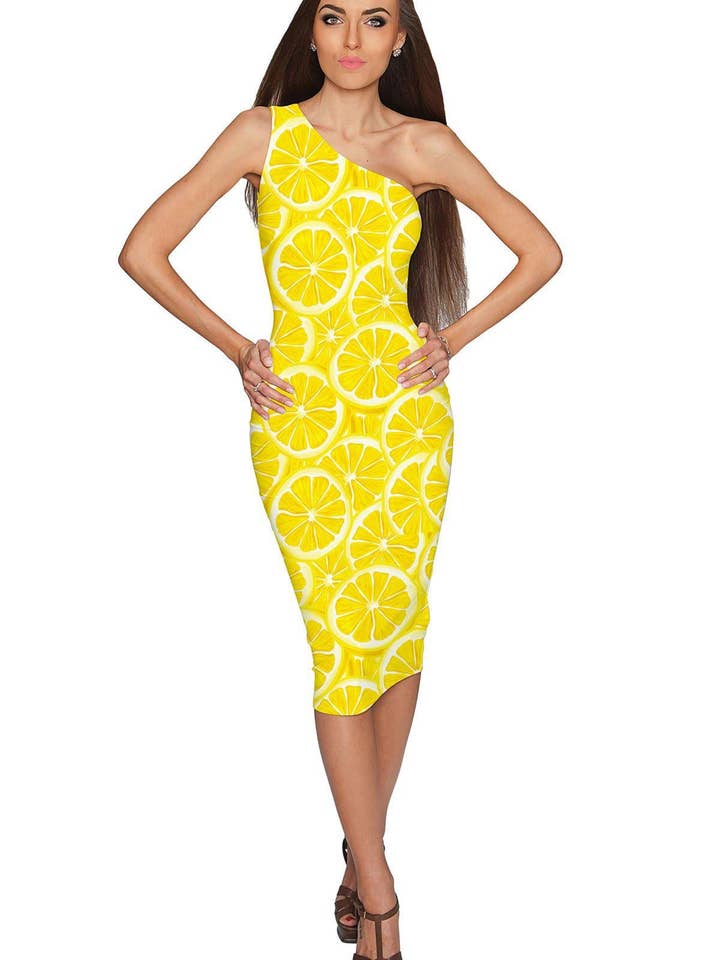Vestido Midi Justo de Um Ombro Só Layla Amarelo "A Piece of Sun" - Mulher por atacado de Pineapple Clothing