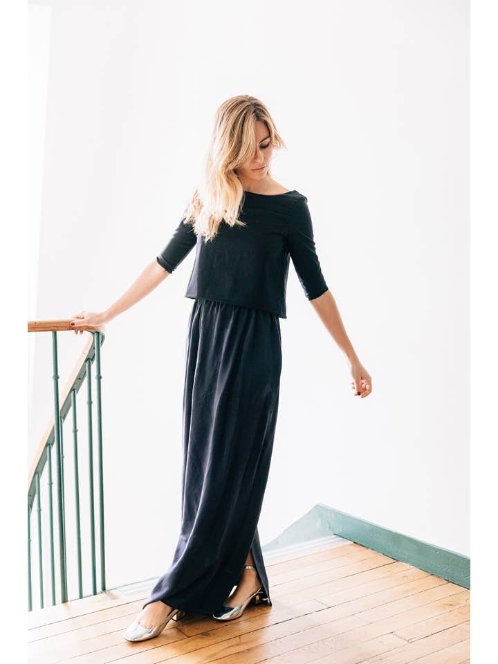 madame-en-soie – wholesale Set med topp och kjol - Dam – Set "Marina": Lång Kjol och Rygglös Topp i Svart Siden