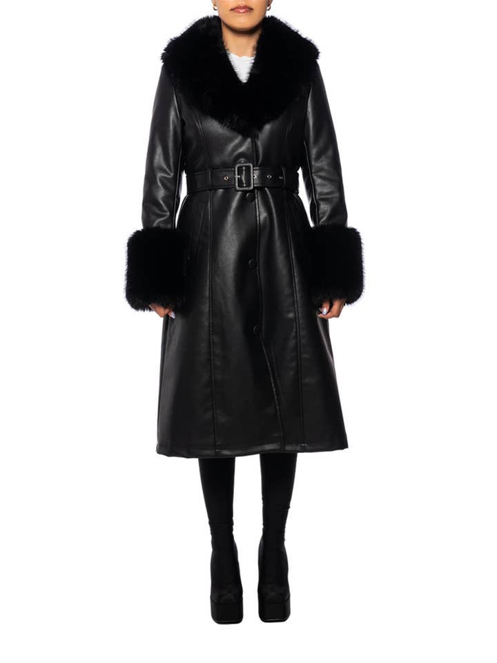 Azalea Wang - Wholesale Trench Coat - Women's - KAYA-BLACK FAUX LEATHER & FAUX FUR TRENCH COAT WITH BELT