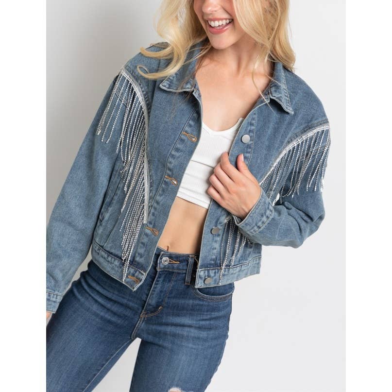 Coloring You - Wholesale Spijkerjack/spijkerjas - Dames - CROP SPIJKERJACK MET STRASDETAILS EN FRANJES 13