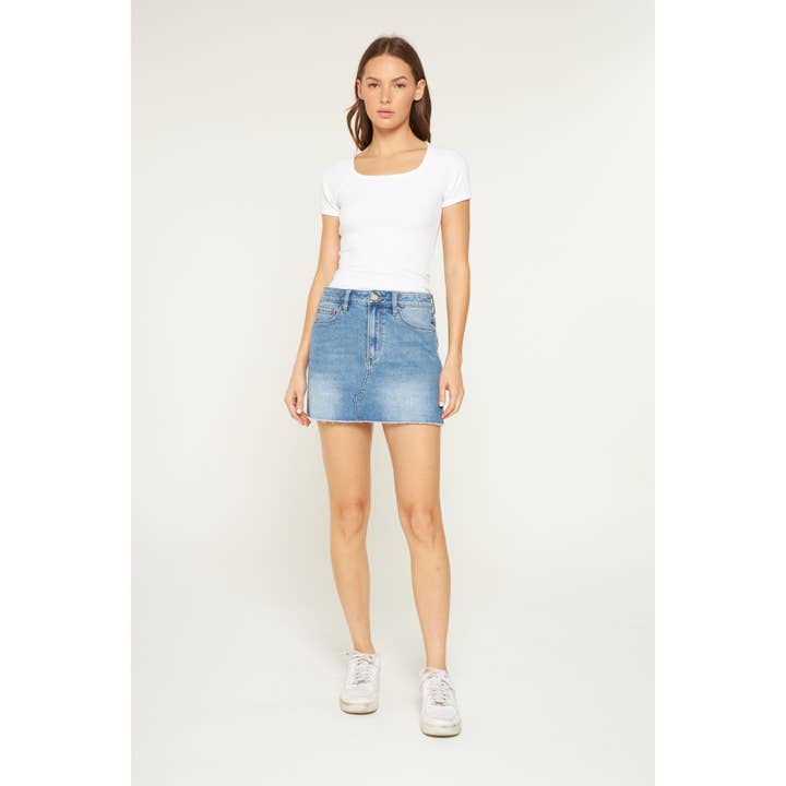 LIGHT SMOG INDIGO HIGH RISE RAW HEM MINI SKIRT for wholesale on Faire2