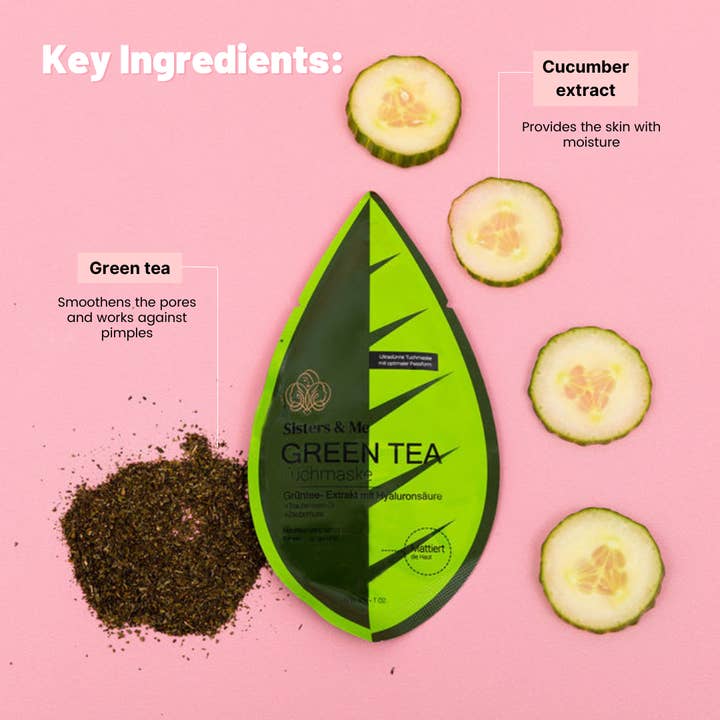 Sisters & Me GmbH - Vente Masque pour le visage - 5X MASQUE EN FEUILLE DE THÉ VERT À L'HUILE DE PÉPINS DE RAISIN ET À L'HAMAMÉLIS8