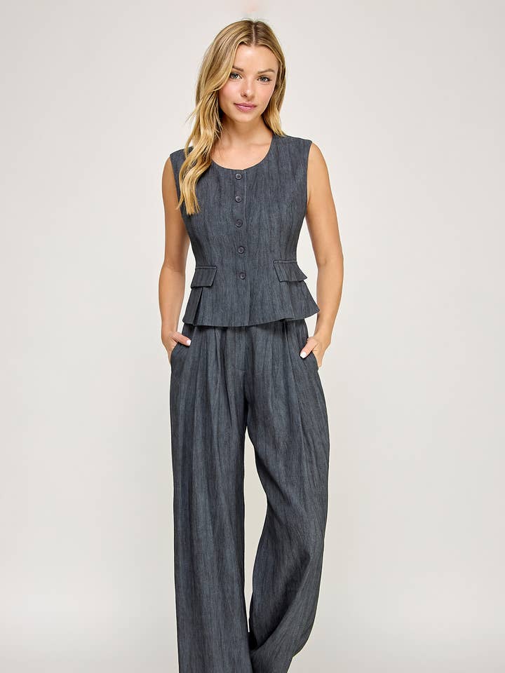 DÉBARDEUR À ENCOLURE RONDE AVEC NŒUD AU DOS ET PANTALON LARGE PLISSÉ-HESET0041 pour la vente par Hersy