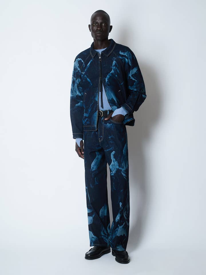 METAMORPHOSIS LASER ENGRAVED WORK JACKET DENIM INDIGO / LIGHT BLUE for wholesale by Saul Nash