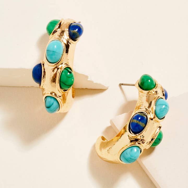 Sensibling Corp. - Wholesale Hoop Earrings - Oval Stone Embellished Chunky Hoop Earrings2