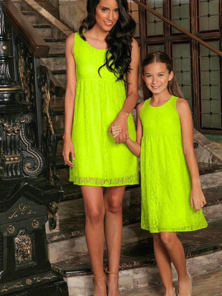 Bright Neon Yellow Lace Empire Waist Summer Party Mommy & Me Dress for wholesale by Pineapple Clothing