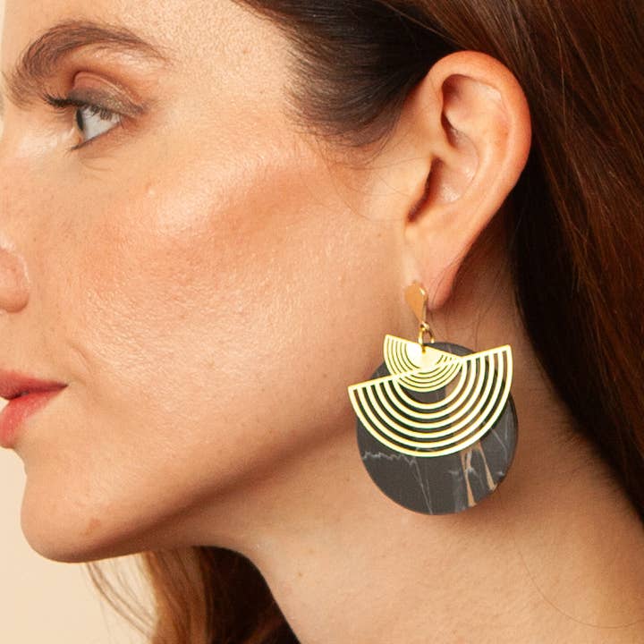 Eclipse Noir Art Deco Black Marble Gold Plated Drop earrings for wholesale by Kodes