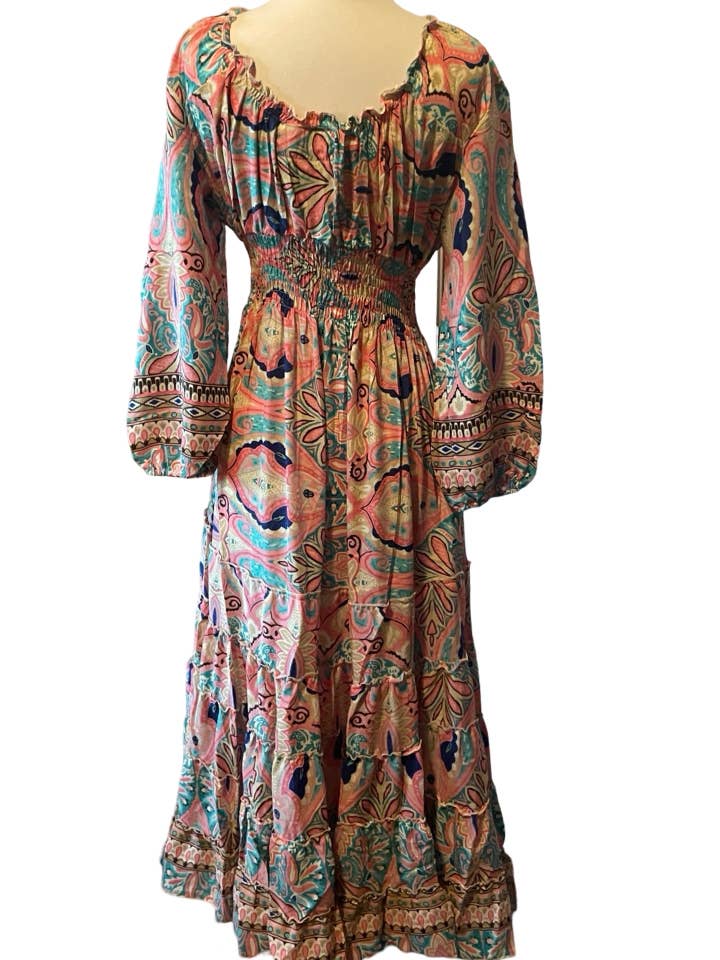 Pink and Silver – Engroshandel Kjole - Dame – Langærmet Bohemian Tiered Maxi Silkekjole (lyserød og turkis)