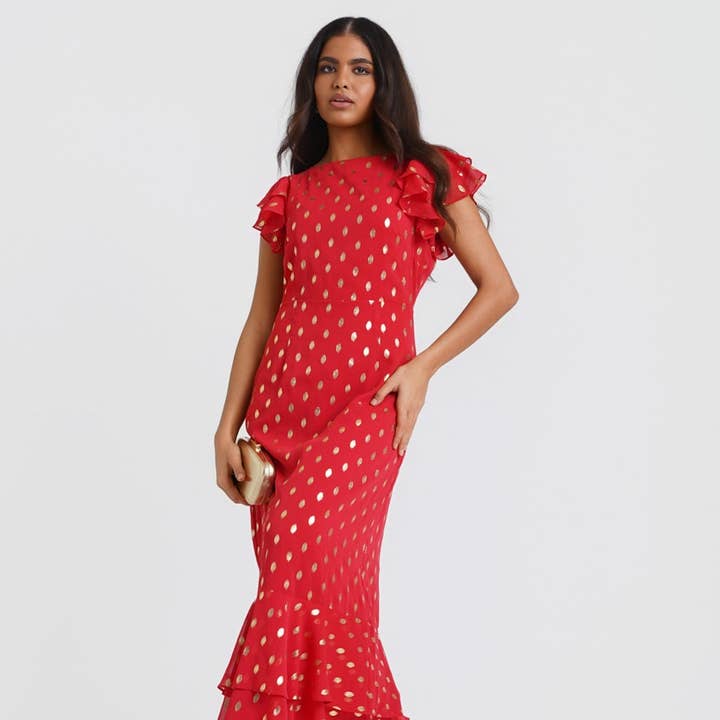 Vestido Midaxi com Folho Vermelho e Manga Flutter por atacado de Needs No Label