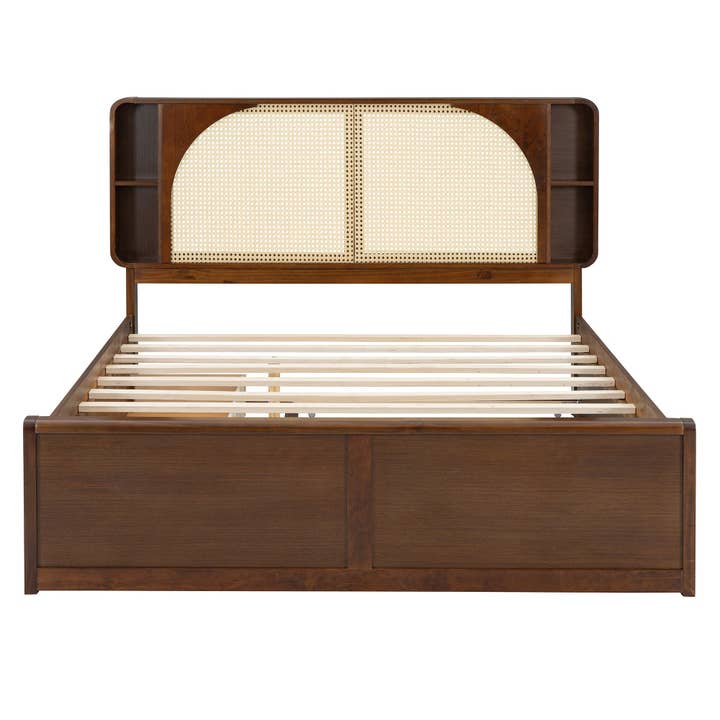 HOMYCASA DESIGN INC - Wholesale Bed - Queen Size Rattan Headboard Bed with Two Drawers and Trundle, Walnut2