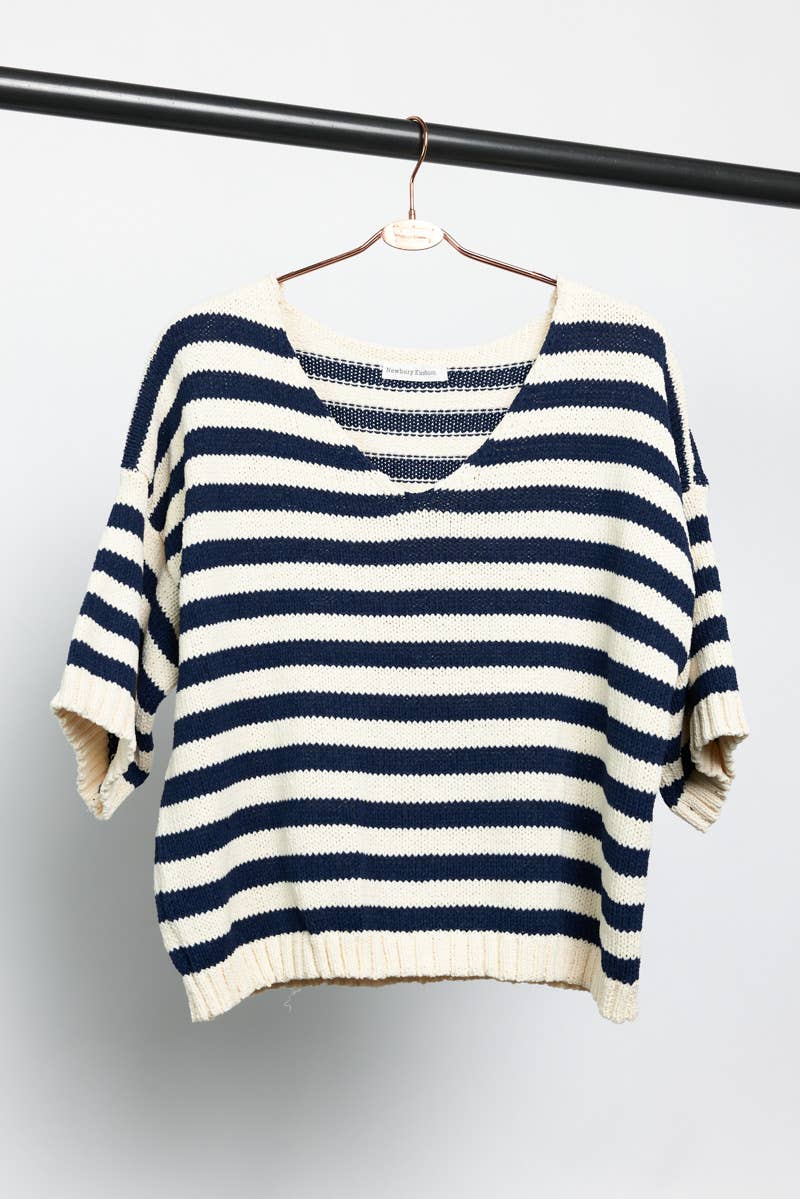 Newbury Kustom - Wholesale Knit Top - Women's - 11300-Striped Short Sleeve V-Neck Knit Top2