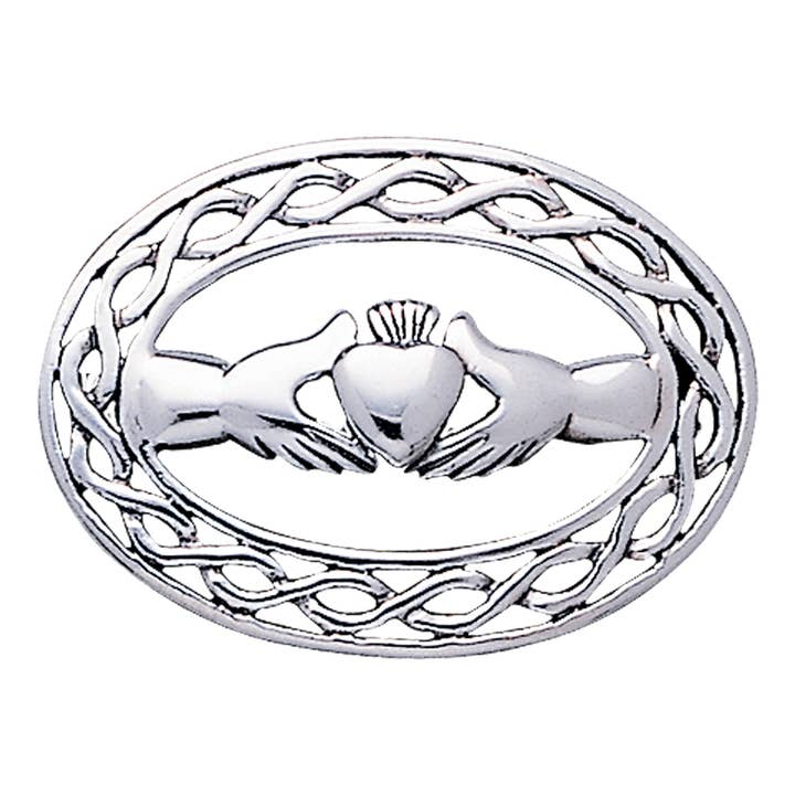 Spilla celtica Claddagh in argento Sterling con cornice ovale, misura media per la vendita all'ingrosso da parte di Silver Insanity