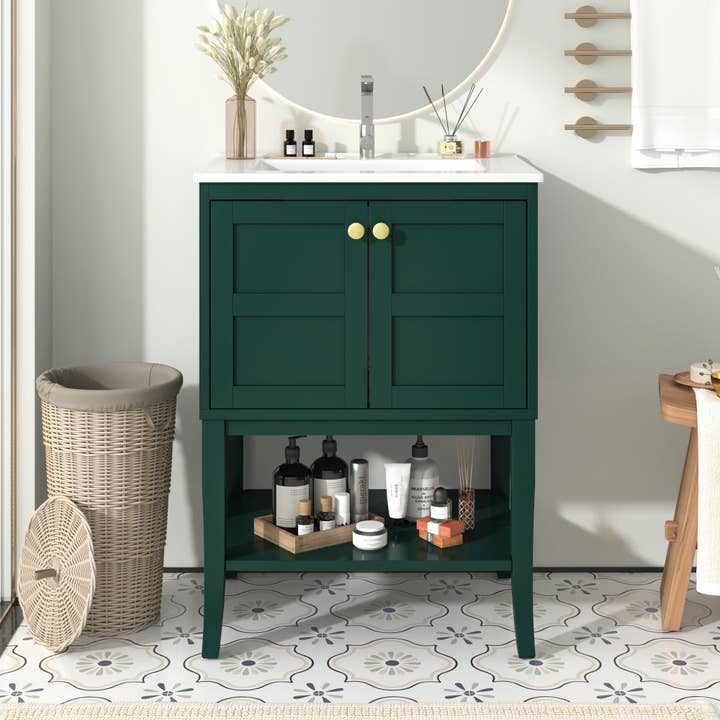 24'' Bathroom Vanity With Top Sink, Modern Bathroom Storage Cabinet With 2 Doors, Single Sink Bathroom Vanity Green 2 1 Adjustable Hinges Bathroom Freestanding Modern Solid Wood Mdf Resin Painted for wholesale by Orange County Decor