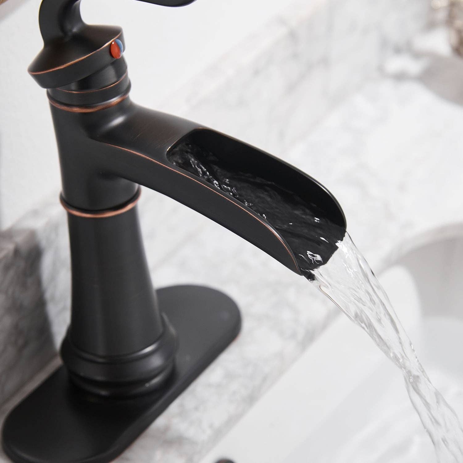 Oil Rubbed Bronze Waterfall Single Hole Single-Handle Low-Arc Bathroom Faucet for wholesale on Faire4