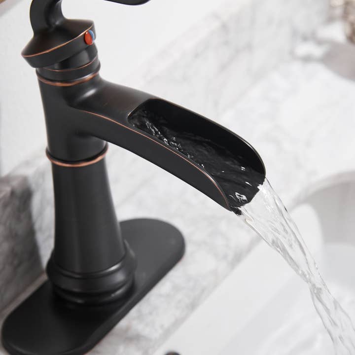 Oil Rubbed Bronze Waterfall Single Hole Single-Handle Low-Arc Bathroom Faucet for wholesale on Faire4