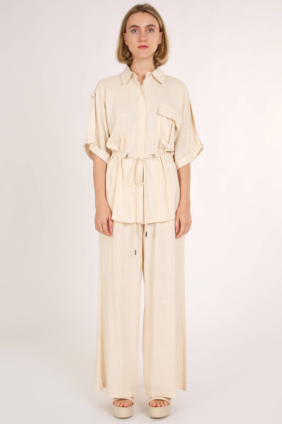 IVORY Linen Style Drawstring Top & Pants Set QC6121 for wholesale on Faire2